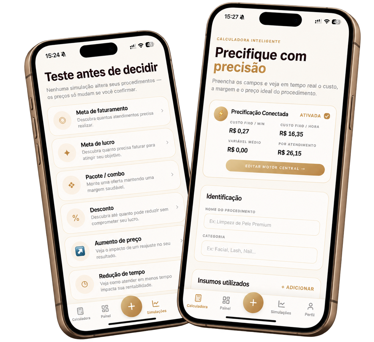 Tela da calculadora de procedimentos no celular